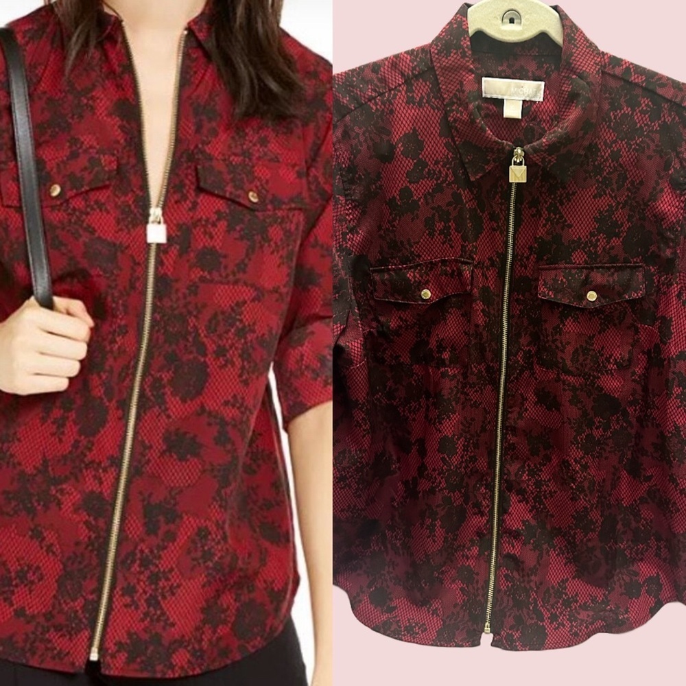 Michael Kors Red and Black Zip-Up Blouse size XL